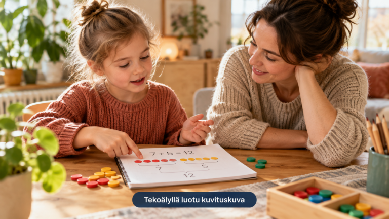 Lapsi kertoo aikuiselle, miten hän ratkaisi matematiikan tehtävän.