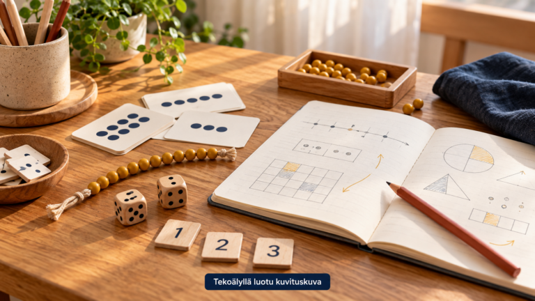 Matematiikan yksityisopetusta varten valmisteltuja välineitä ja opettajan suunnitelmia lämpimällä puupöydällä.