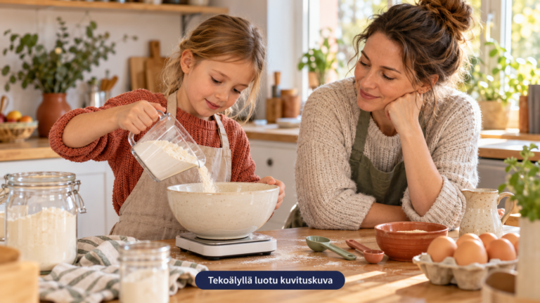 Vanhempi tukee lapsen myönteistä suhtautumista matematiikkaan yhteisessä leivontahetkessä.