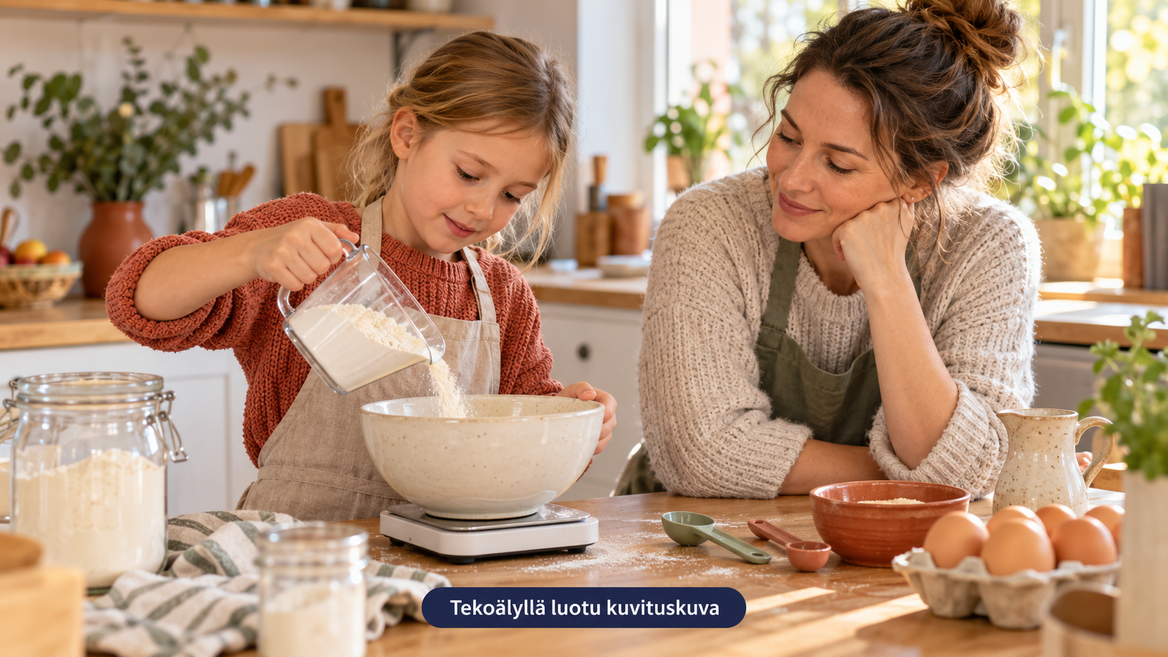 Vanhempi tukee lapsen myönteistä suhtautumista matematiikkaan yhteisessä leivontahetkessä.