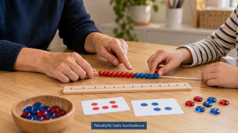 Lapsi saa matematiikan yksityisopetusta helmien ja pistekorttien avulla.