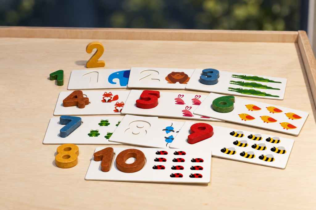 Numerot ja lukumäärät yhdistetään konkreettisten kuvakorttien avulla.